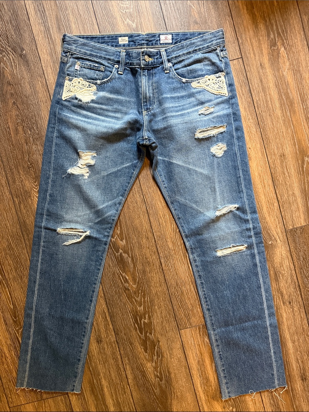 Women’s Distressed Blue Jeans with Crochet Accents